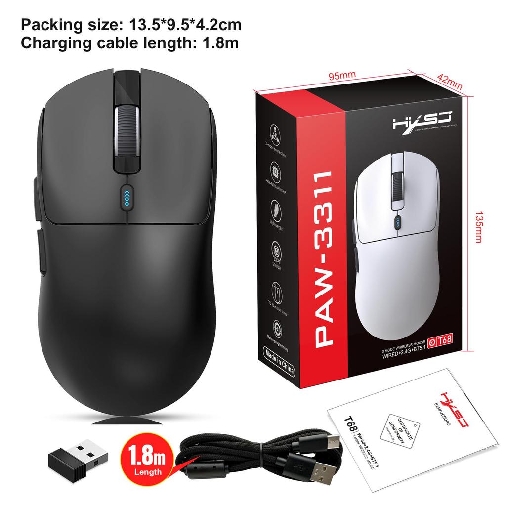 T68 Three-Mode Lightweight Gaming Mouse, 7-Button Programmable, TTC Micro-Switch, 12000 DPI.