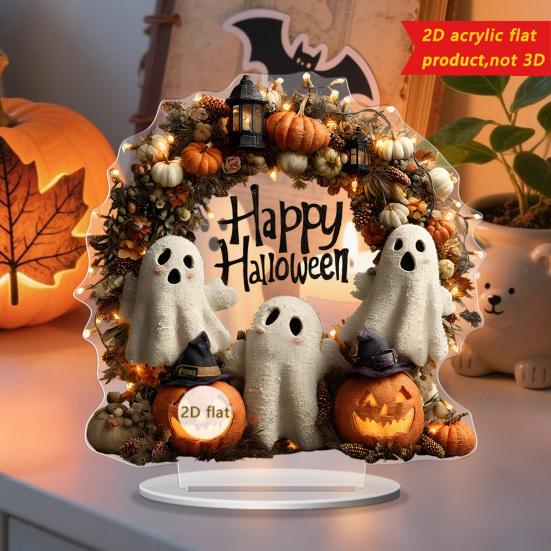 Halloween 2D Flat Akrylskilt Søt Spøkelse Gresskar Krans Bordstativ Dekorasjon for Halloween Etagestativ Hjemmekontordekor