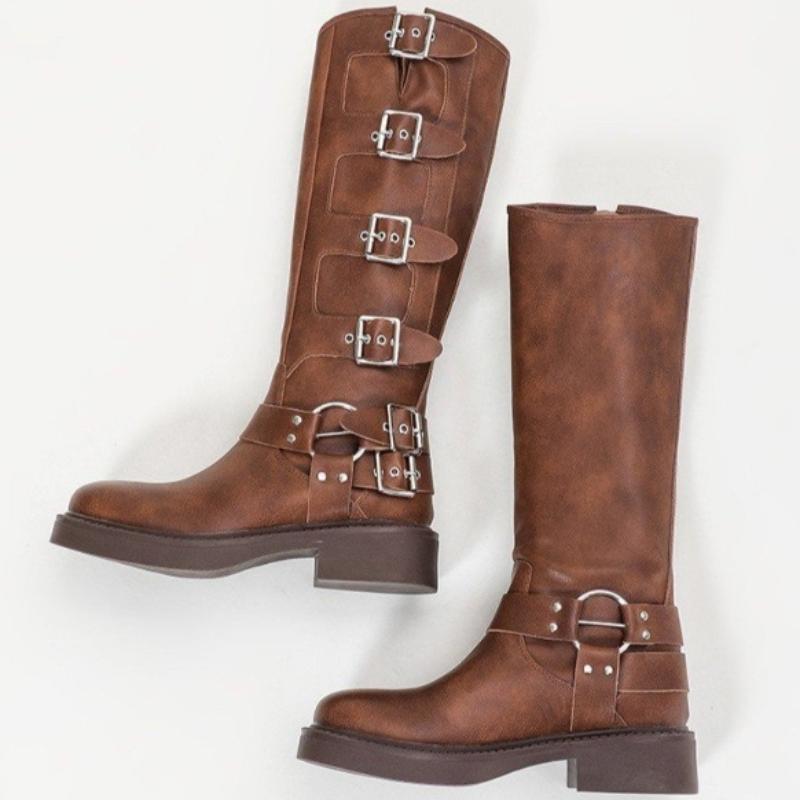 Hot Selling Solid Color New High Quality Style Retro Western Boots Buckle Women's Boots Thick Sole Shoes Zapatos De Mujer