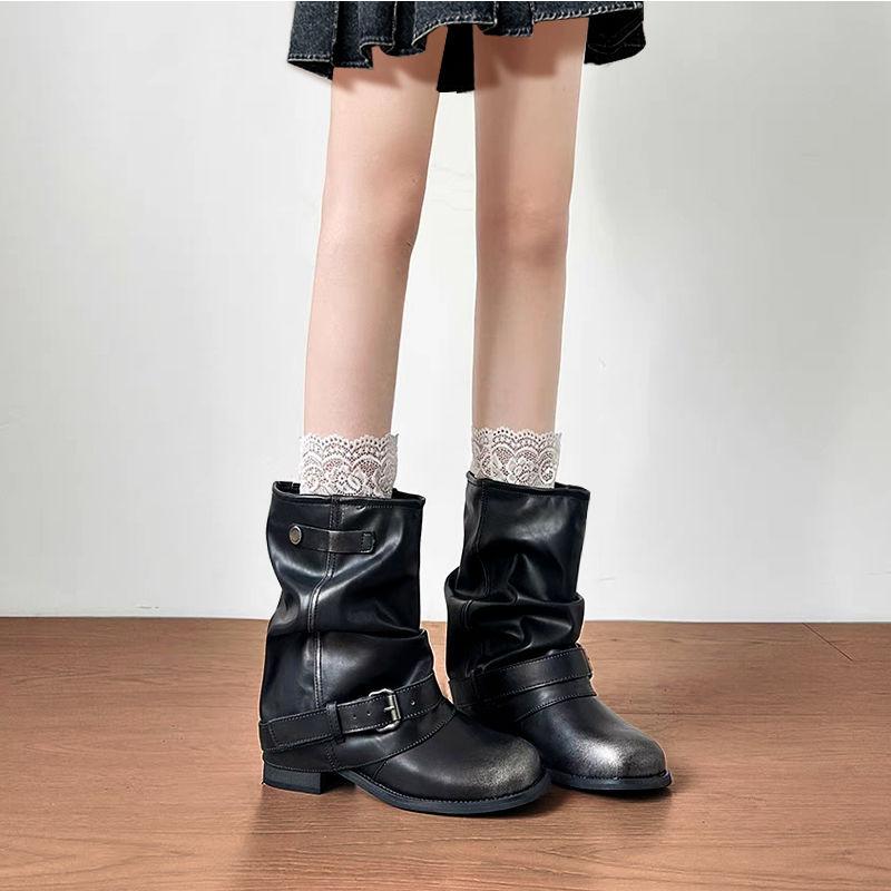 Super soft leather~ Western cowboy boots women's short boots pleated pile black retro niche thick heel inner heightening knight boots