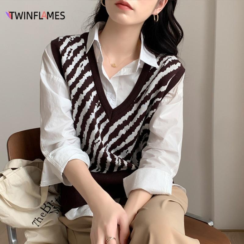 Sweater Vest Women New Autumn Winter Loose Harajuku Pullover Pulls Femme Sleeveless Knitted V-Neck Chic Outerwear