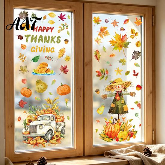Autumn Theme Ornaments 4 Sheets Harvest Static Window Stickers, Maple Leaves Pumpkins Scarecrow Pickup Truck Thanksgiving Decals Decals, Removable