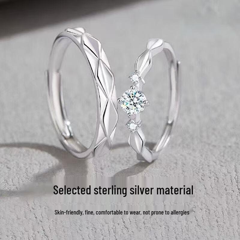 Love's Promise Platinum Gold Couple's Ring: 999 Sterling Silver Plated, Open Design with Entwined Threads and Simple Diamond Accents.