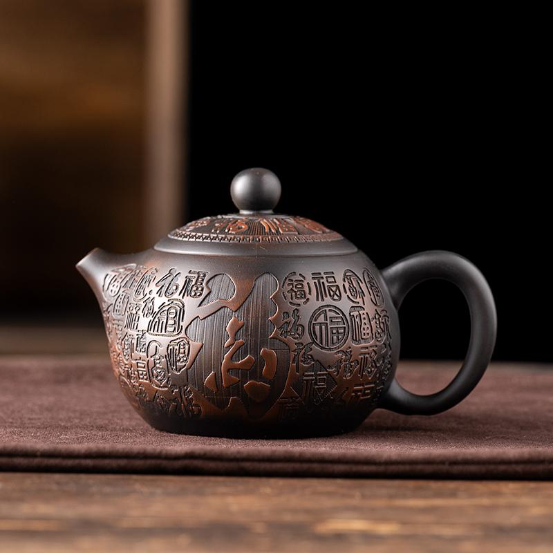 Jianshui Clay Purple Pottery Carving Teapot Hand Painted Antique Relief Teapot Household Teapot Kungfu Tea Set Kettle