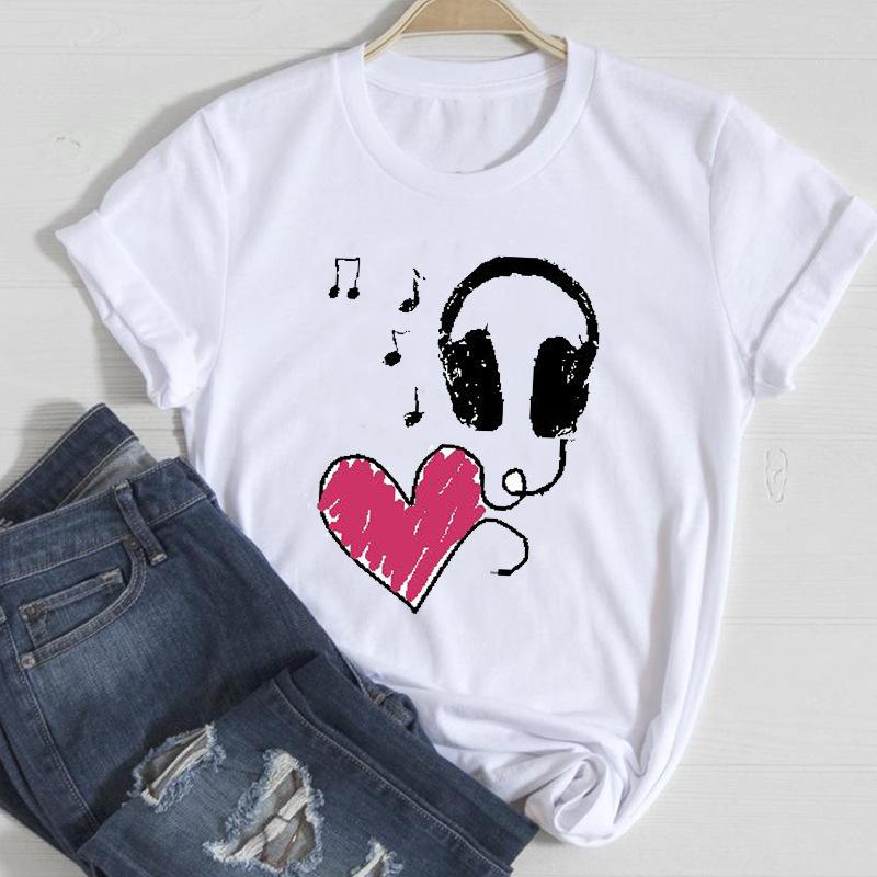 Sommar Dammode Tryckta Läppar Ren Bomull Rund Hals Lös T-shirt Dam
