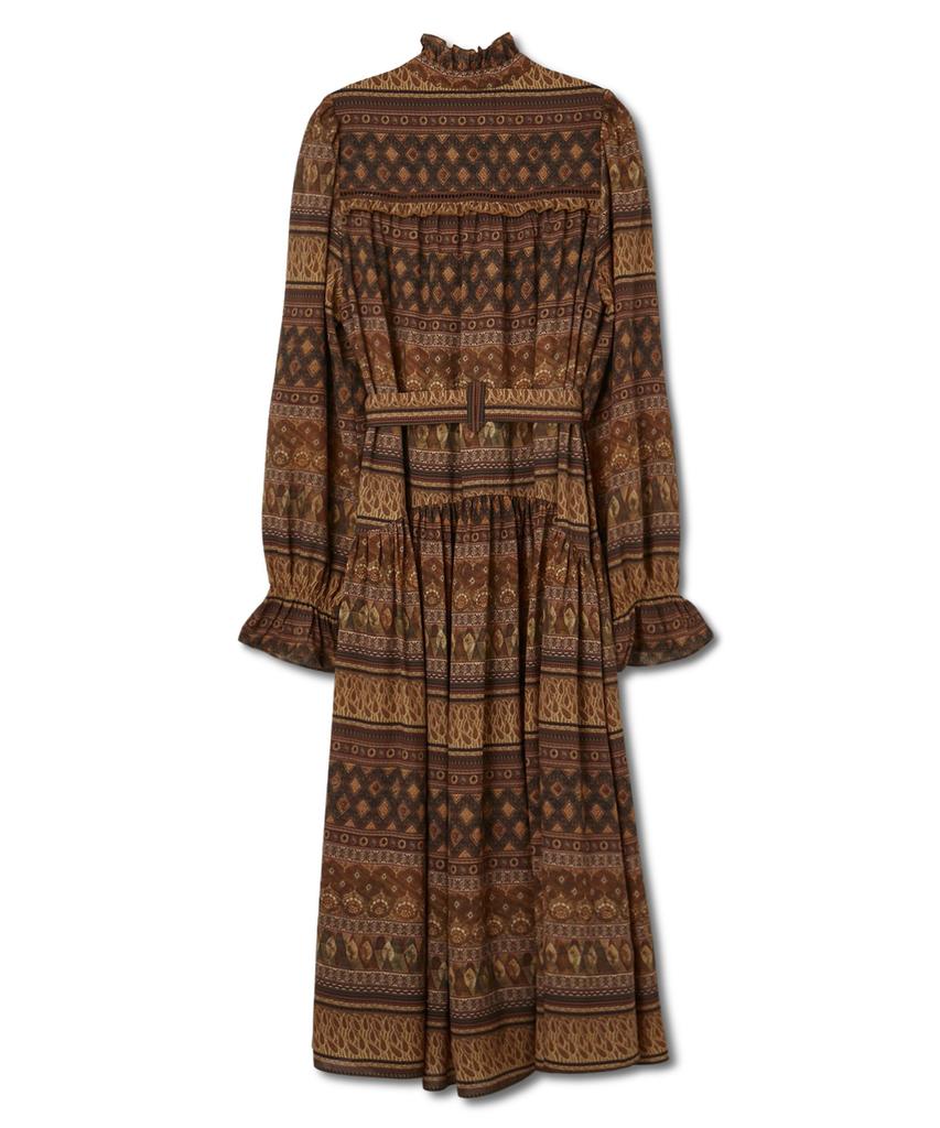 Penfield Ethnic Pattern Shirred Dress Brown_Fs1Ws09F