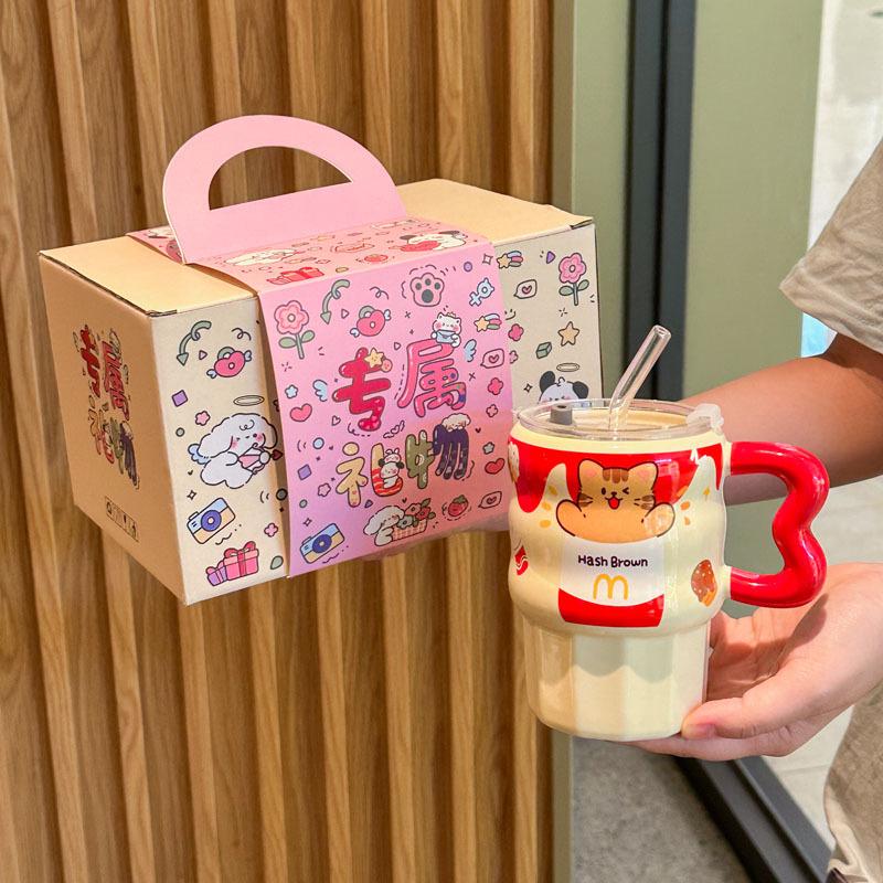 Milk Fufu Cute French Fries Straw Cup Girls' High-value Ceramic Mug for Girlfriends Birthday Gift Souvenirs