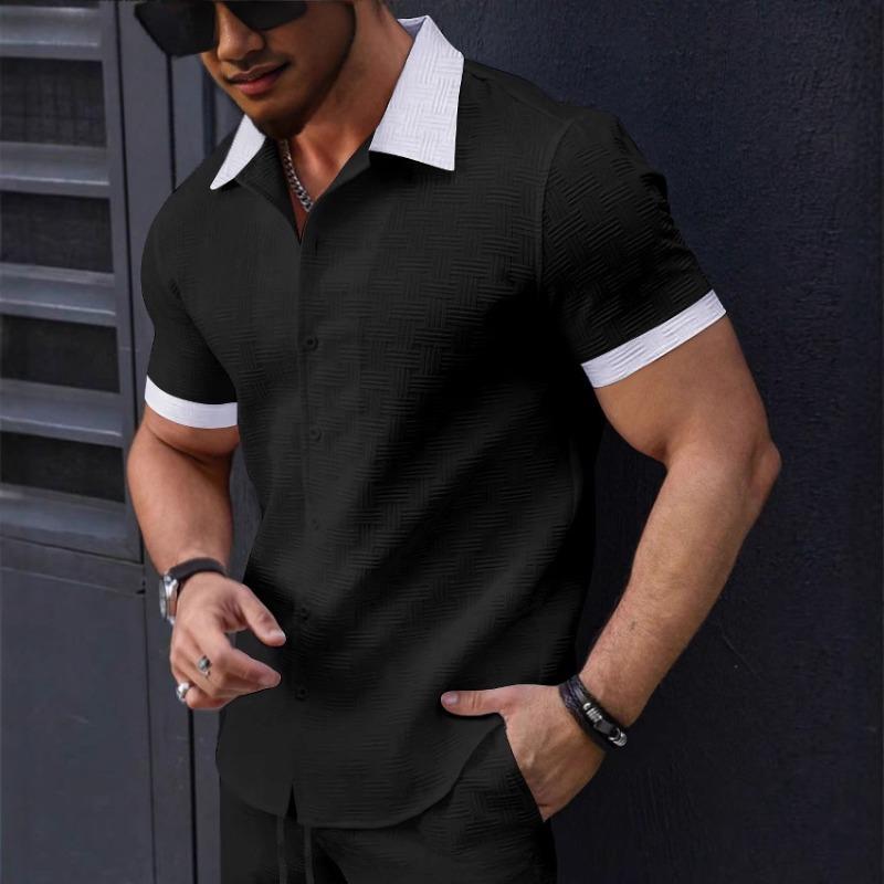 

Men Contrast Collar Cuff Geometric Textured Cuban Collar Short Sleeve Casual Button Shirt S чёрный