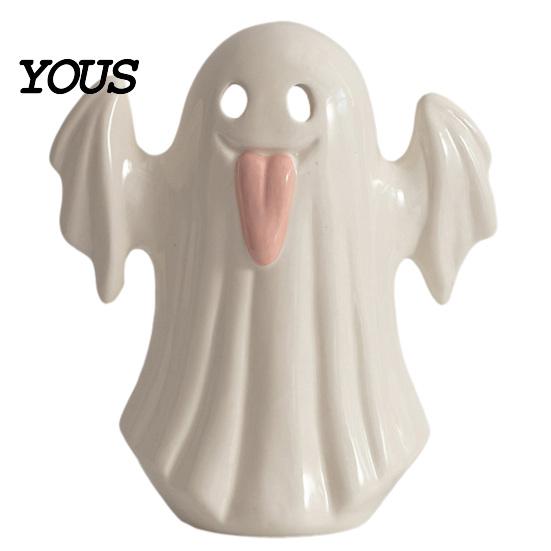 Modern Minimalist Home Decor Light Up Ceramic Ghost Figurines for Halloween Decor, Cute White Statue Milky Vase with Pink Tongue, LED Night