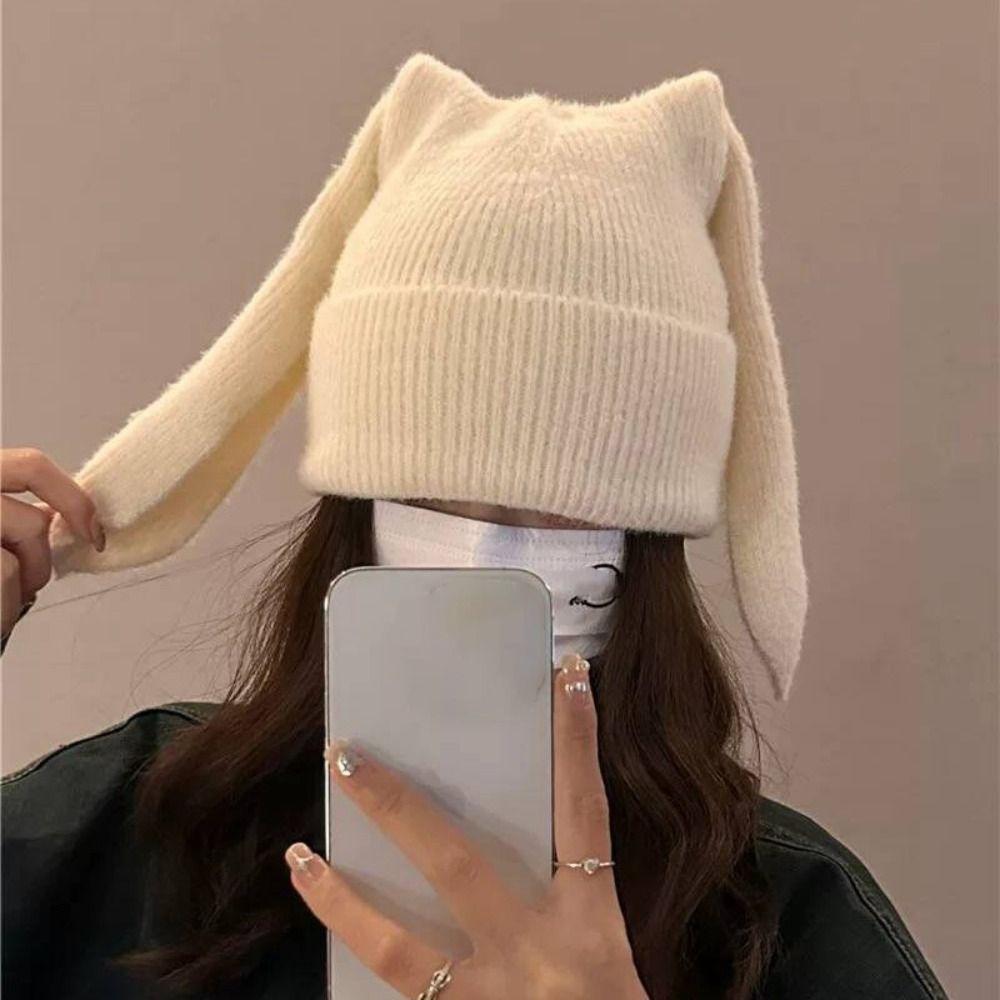 Winter Warm Earflap Hat Long Ears Rabbit Pullover Hat Cute Beanies Caps Women