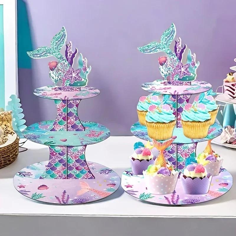 Mermaid Cupcake Stand Birthday Party Decorations, Under The Sea Supplies Favors with Mermaid Tail Toppers for Little Girl