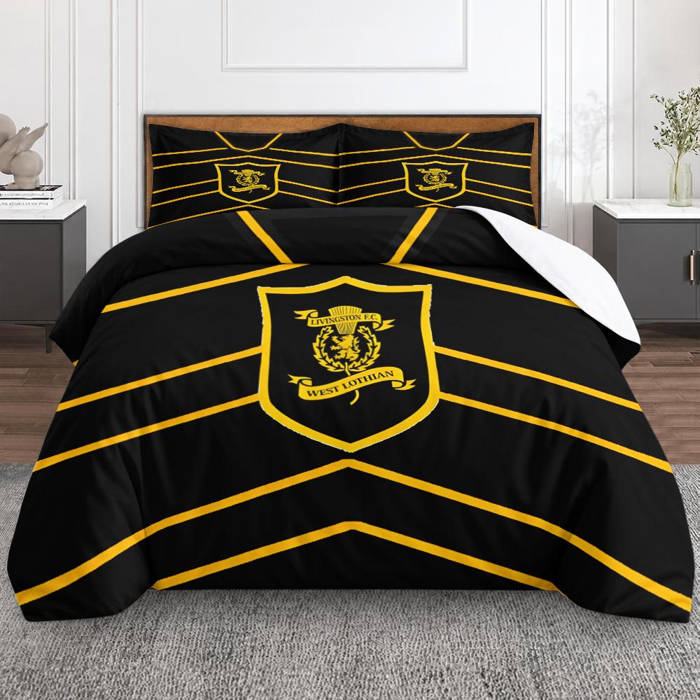 Livingston FC West Lothian Crest 3 Piece Bedding Set, Black Gold Chevron Shield Soccer Emblem Duvet Cover Set for Scottish Football Fans Gift