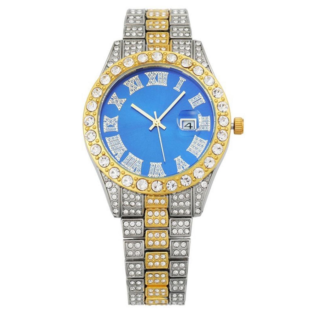 Men's Hip Hop Trendy Fashion Large Dial Diamond Cuban Chain Watch Set