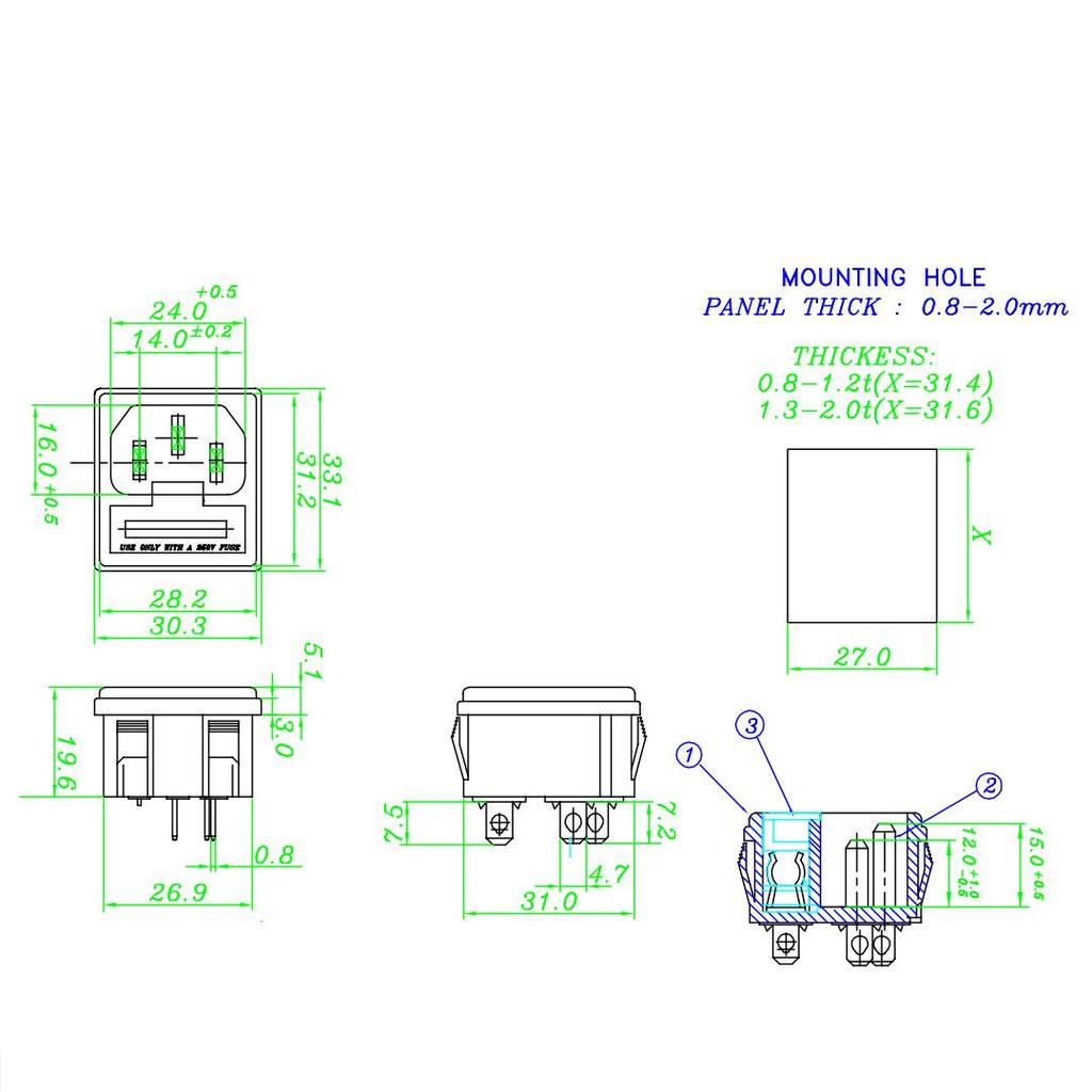 JEC C-Type Power Socket with Fuse, Snap-In AC Male Connector JR-101-1FS, 3-Core AC Socket 250V 10A.