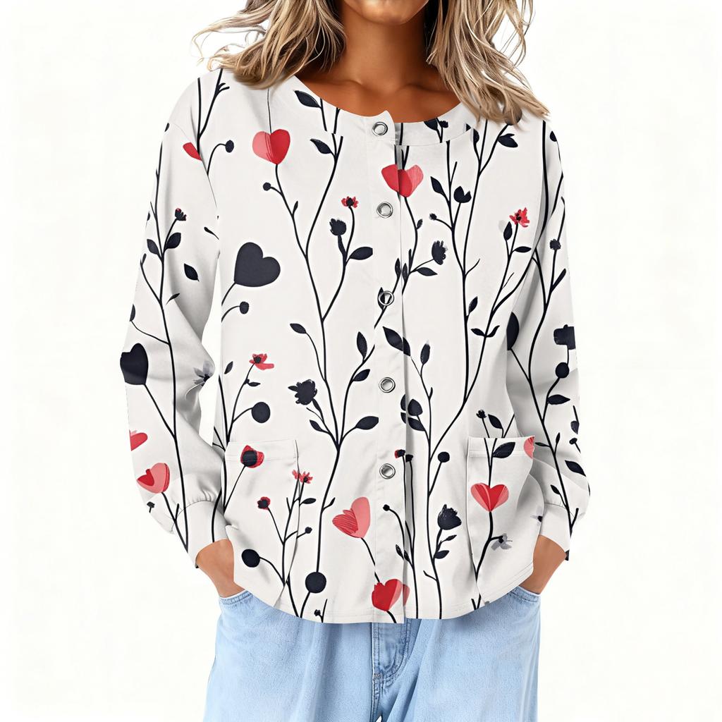 Women Long Sleeve Printed Pocket Working Stand Collar Single-breasted Protective Overalls Cardigan Jacket Top