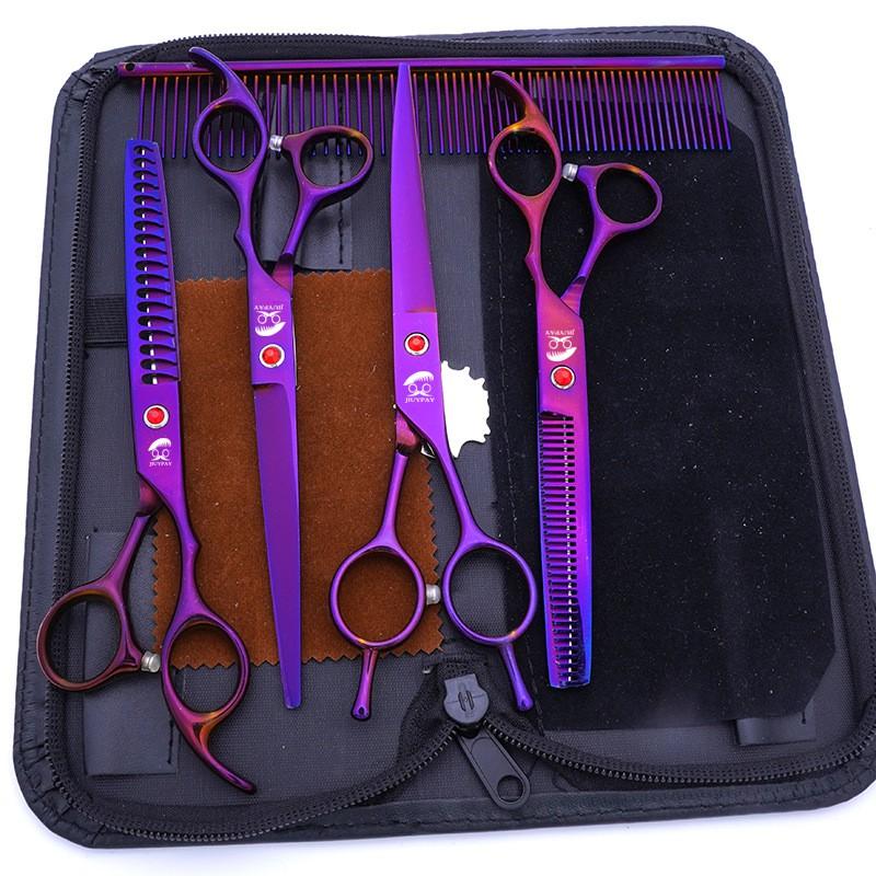 Set di forbici professionali per toelettatura animali domestici da 7 pollici in acciaio inossidabile per cani, incluse forbici dritte, curve, a lisca di pesce e tagliacapelli per orecchie