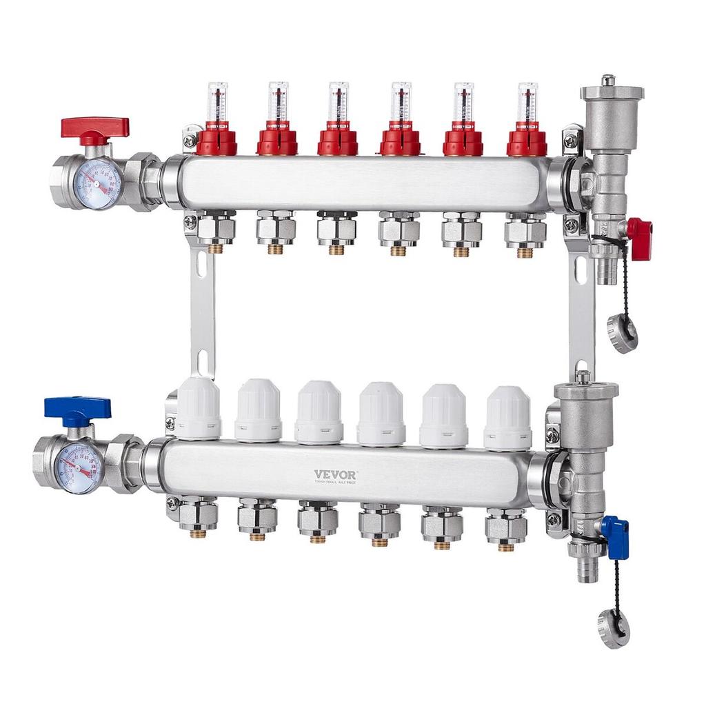 6-Branch Radiant Heat Manifold 1/2" PEX Tubing Floor Heating Manifold Set