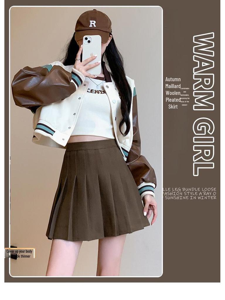 Wool Pocket Pleated Skirt for Women - High Waist, Thick, Retro, Short Skirt for Autumn & Winter