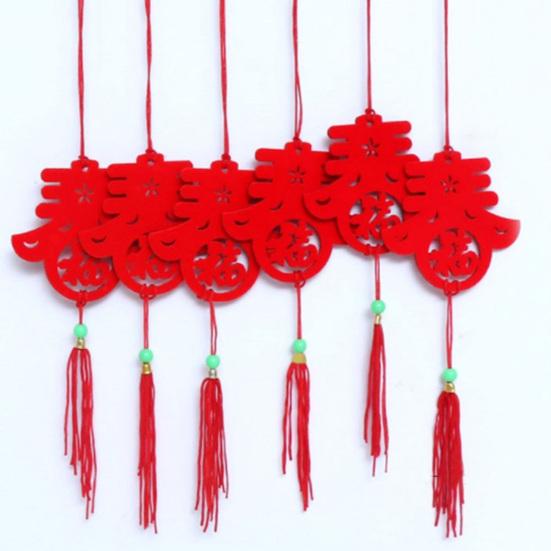 6Pcs Chinese New Year Pendant Red Felt Hanging Decor Paper-Cutting Spring Blessing Characters Tassels Pendant