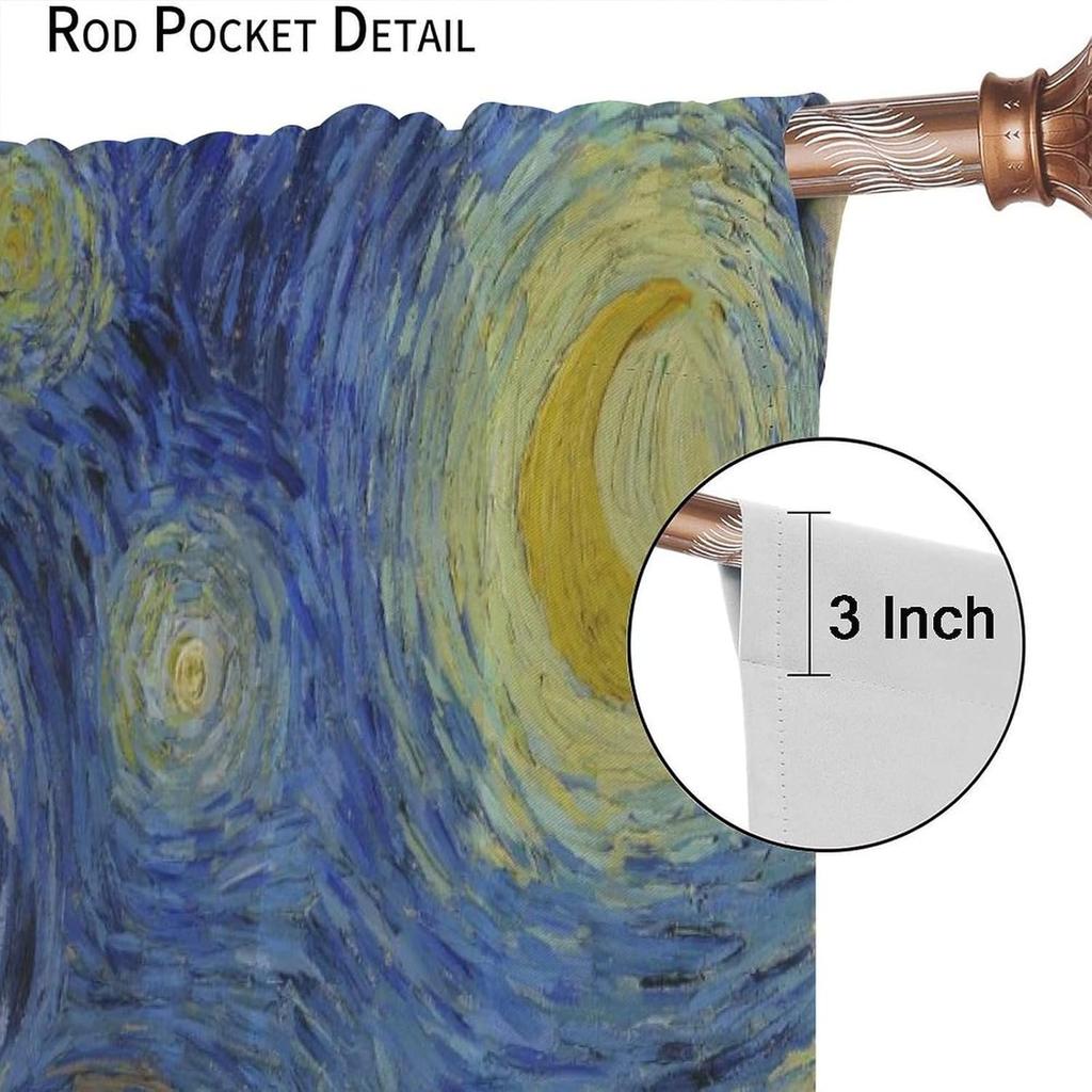 Starry Night Blackout Curtains for Bedroom, Oil Painting Blue Abstract Stars Art Decor Print Window Treatments, Rod Pocket