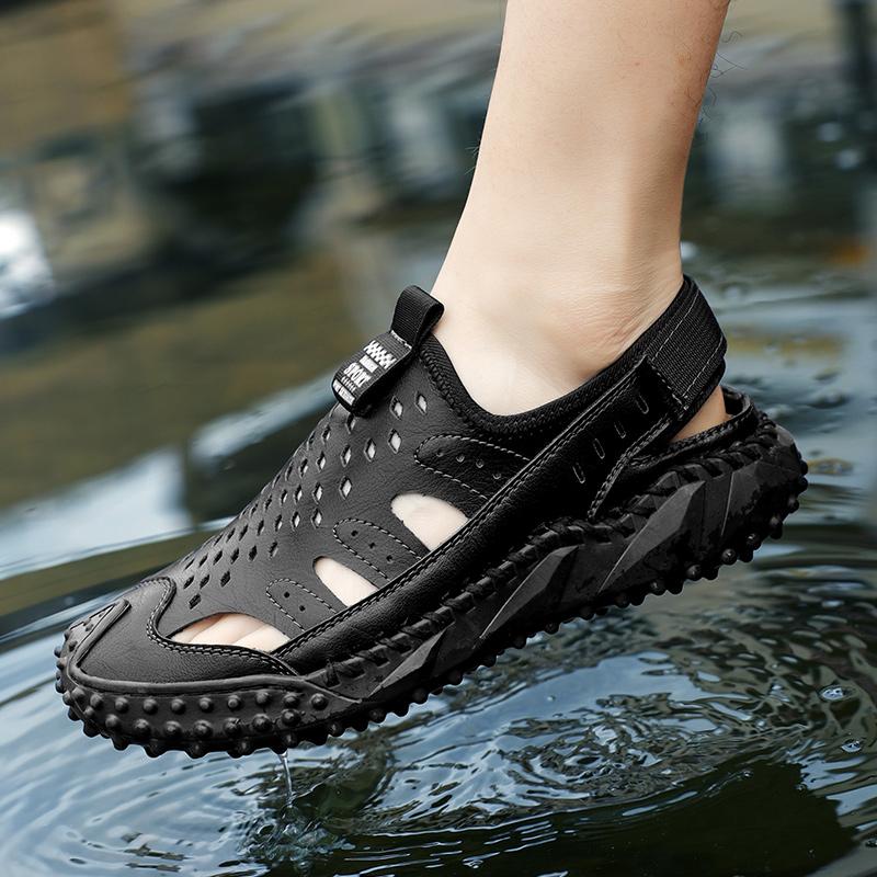 Kvėpuojantys, minkšti vyriški, natūralios odos rankiniu būdu susiuvami sandalai