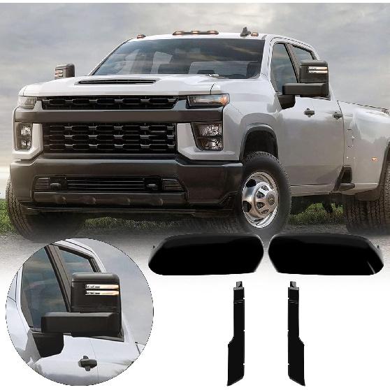 Glossy Black Towing Top+Side Clip-On Mirror Covers Replace for 2020 2021 2022 2023 2024 Chevy Silverado GMC Sierra 2500HD 3500HD (Black)