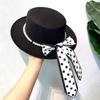 ins French celebrity style pearl ribbon woolen flat top top hat women's elegant temperament black jazz hat self-operated