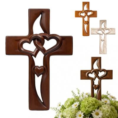 Intertwined Hearts Wooden Wall Decoration Hand-Carved Double Hearts Wall Sculpture Home Living Room Wall Hanging Christian Religious Ornament
