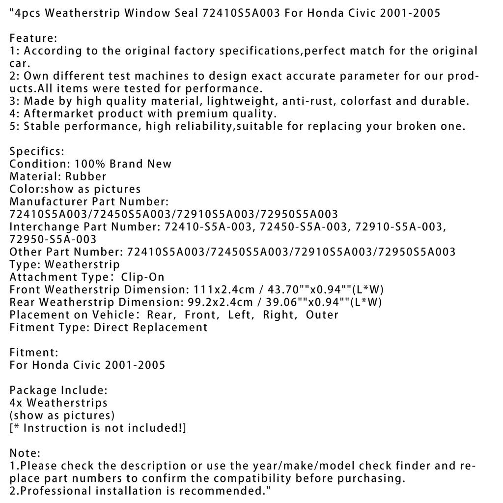 4pcs Weatherstrip Window Seal 72410S5A003 For Honda Civic 2001-2005