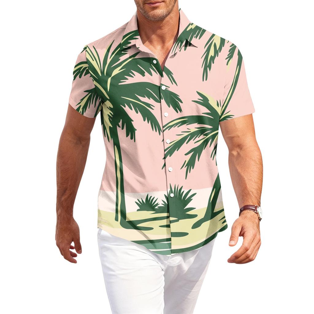 Men's Casual Loose Fit Short Sleeve Shirt Hawaiian Style Button Down Tropical Leaf Print Summer Beachwear Shirt