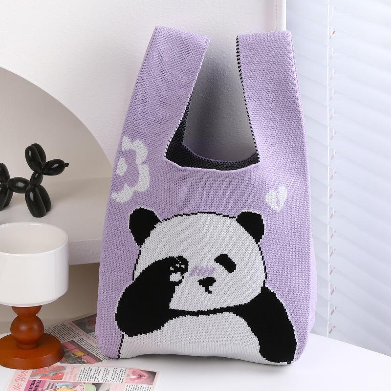 UNTIOR Cute Panda Knitted Bag Spring Stylish Mini Bag Casual Wristlet Student Reusable Tote Bag Suitable for Daily Outdoor Use фиолетовый
