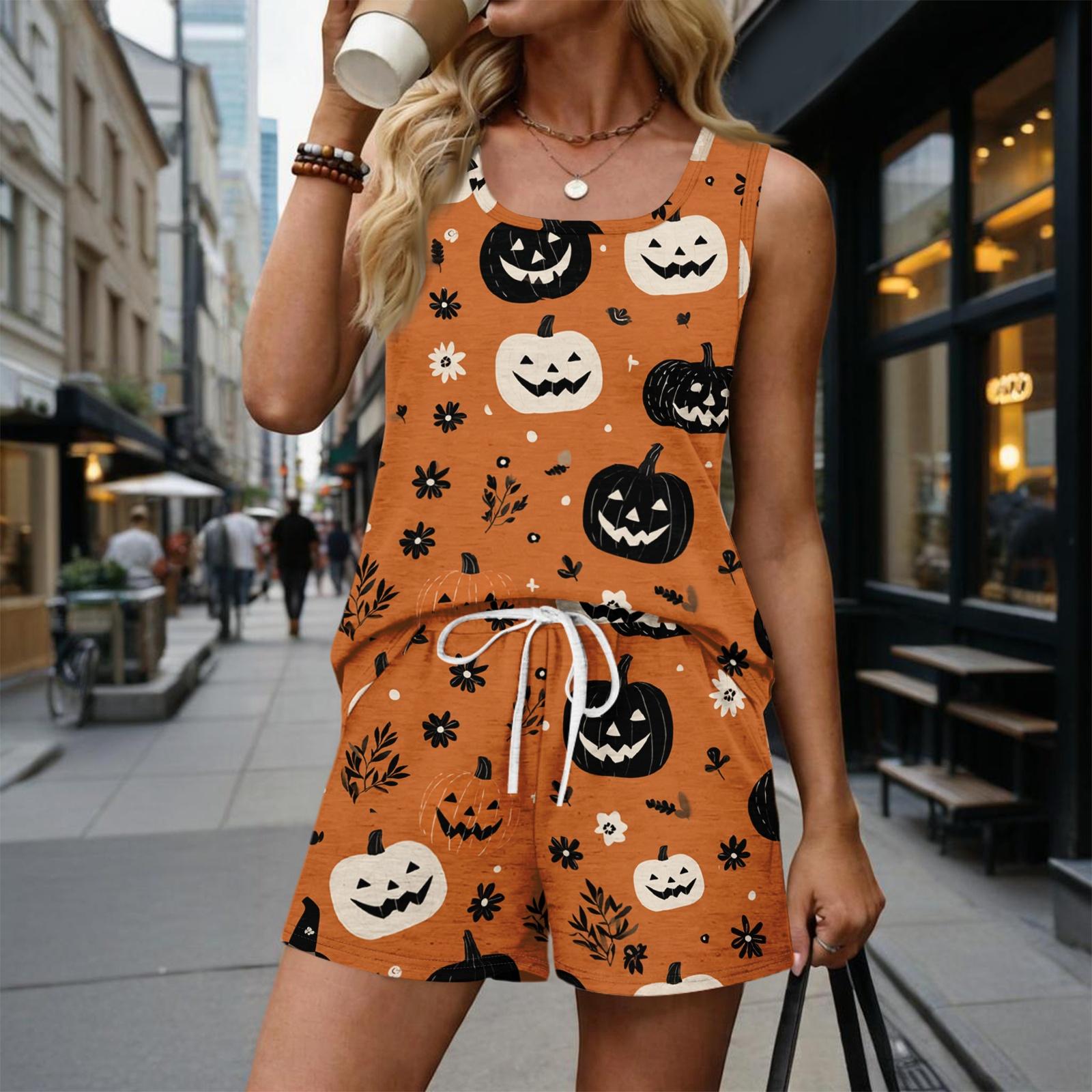 Women Sleeveless Tank Top and Shorts Set Halloween Pumpkin Print Casual Summer Outfit Lightweight Comfortable Two Piece Loungewear L