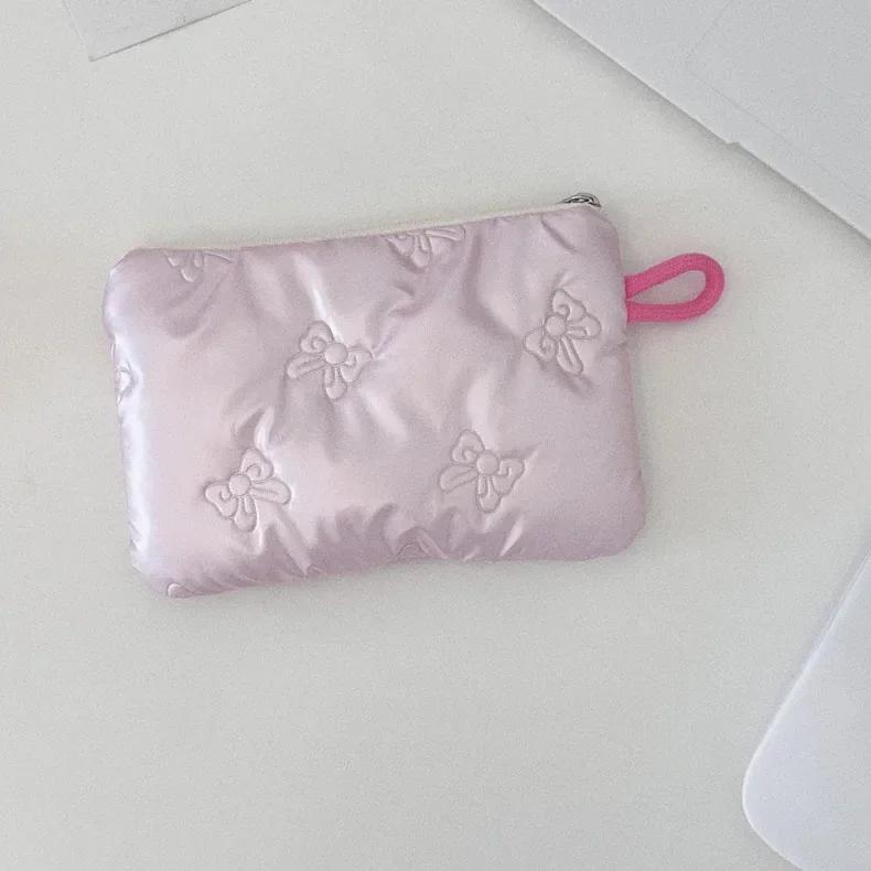 Korean Quilted PU Love Bow Cosmetic Bag Skincare Products Pouch Inner Pocket Multi-function Makeup Lipstick Storage Bag Handbag