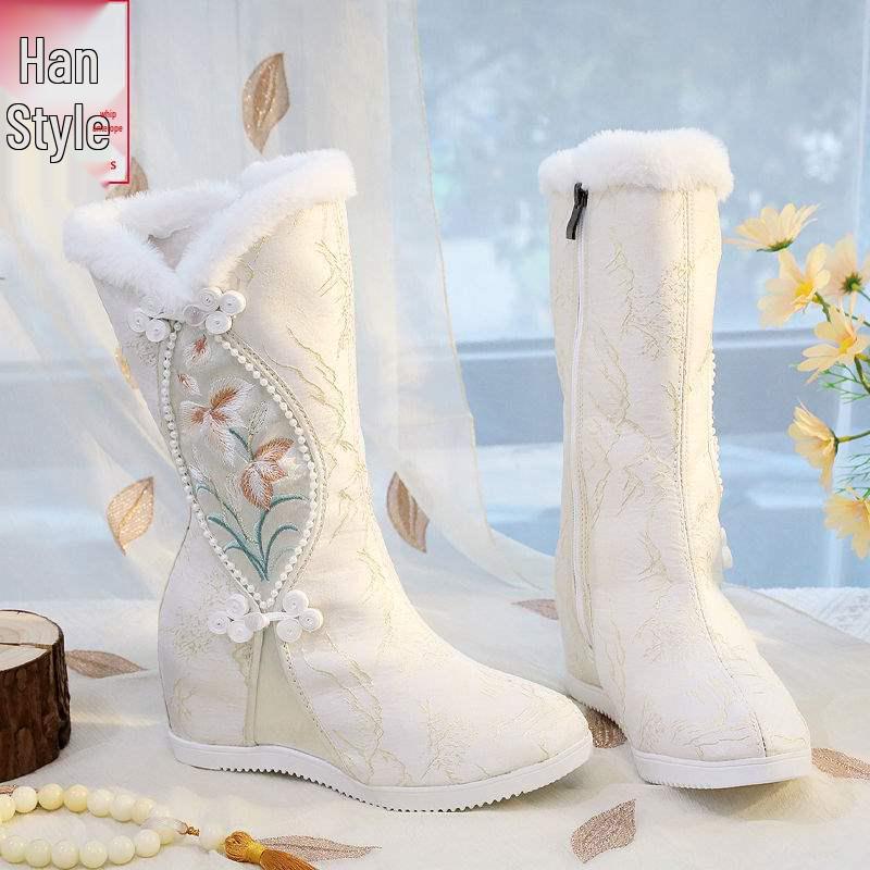 Vyšívané zimní Hanfu kozačky po kolena: Etnický styl, Plyšová bavlna, Vnitřní zvýšení výšky