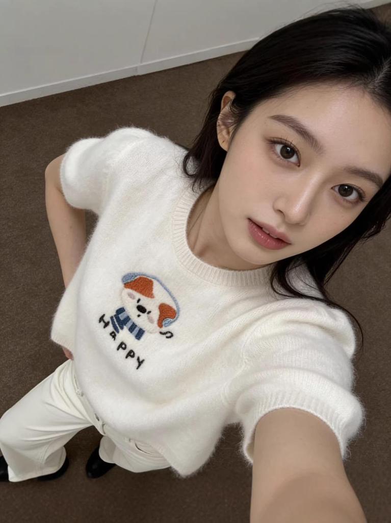 26th Year Autumn/Winter Cashmere Wool Puppy Embroidered Brushed Short Sleeve Sweater
