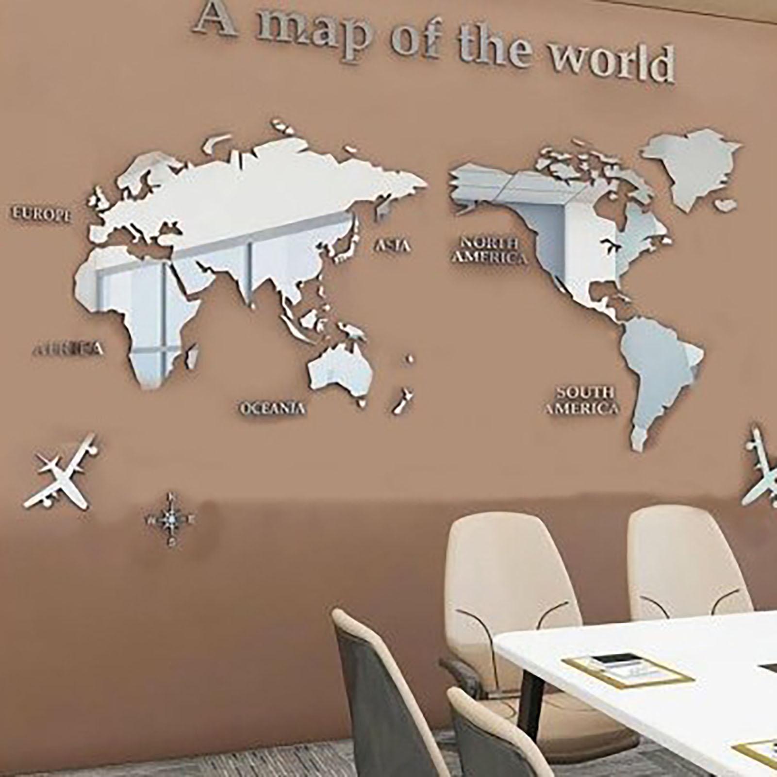 

Acrylic Wall Stickers 3D World Map Wall Mirror Sticker for Office Study Living Room Bedroom Silver