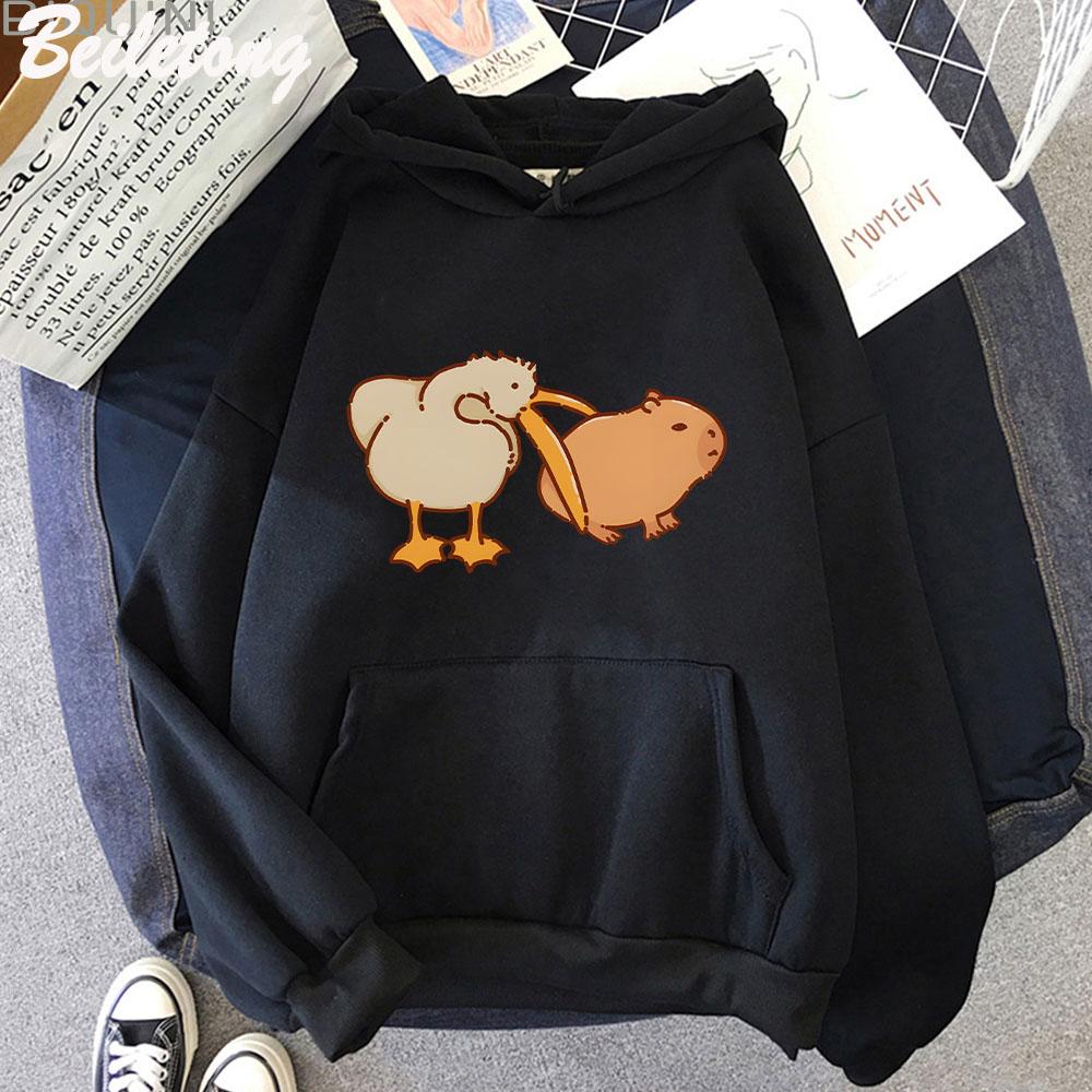 Funny Pelican and Capybara Hoodie Kawaii Woman Sweatshirt Spring Fashion Pullovers Girls Cartoon Long Sleeve Cloth