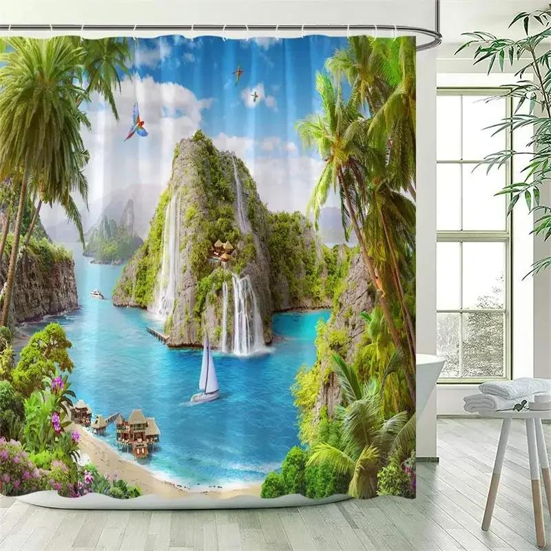 Zasłona prysznicowa Ocean Landscape Beach Palm Trees Papugi Delfiny Fale morskie Krajobraz natury Zasłony do kąpieli Tkanina Wystrój łazienki