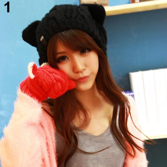 Women's Winter Knit Crochet Braided Cat Ears Beret Beanie Ski Knitted Hat Cap