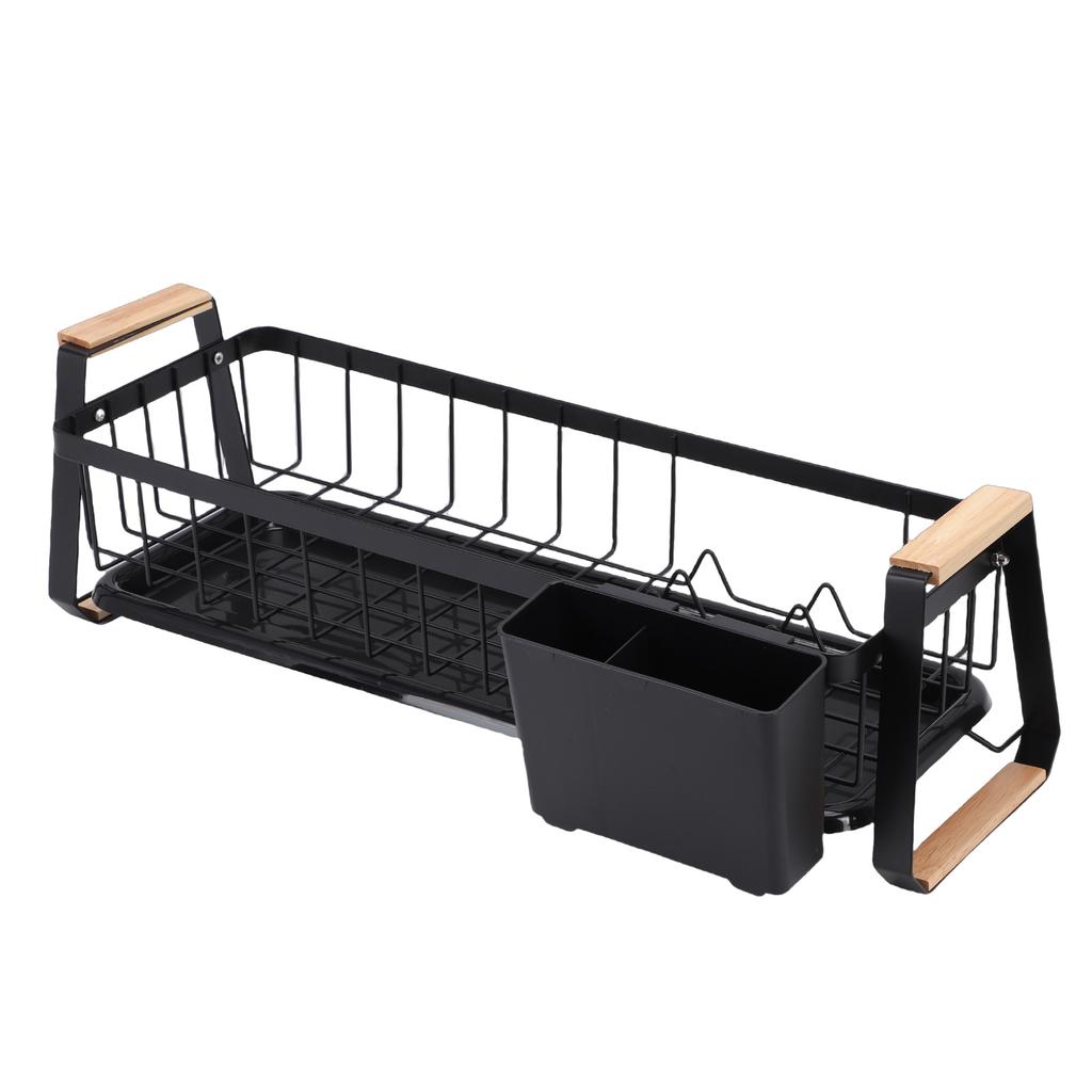Dish Rack and Drain Board Kitchen Plate Cup Dish Drying Rack Tray Cutlery Dish Drainer with Wood Handle