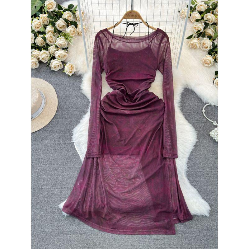 Spring and Autumn Retro Sexy Long Sleeves Suspender Skirt Mesh