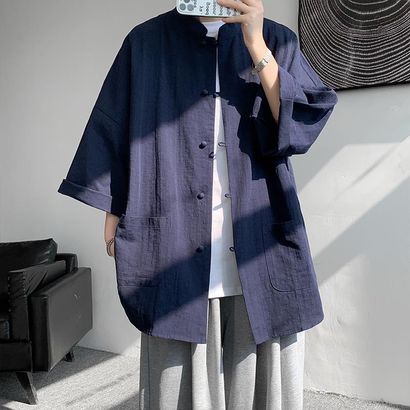 Men's Long-Sleeve Chinese Style Buttoned Linen Shirt Hanfu Tang Suit Plus Size Jacket