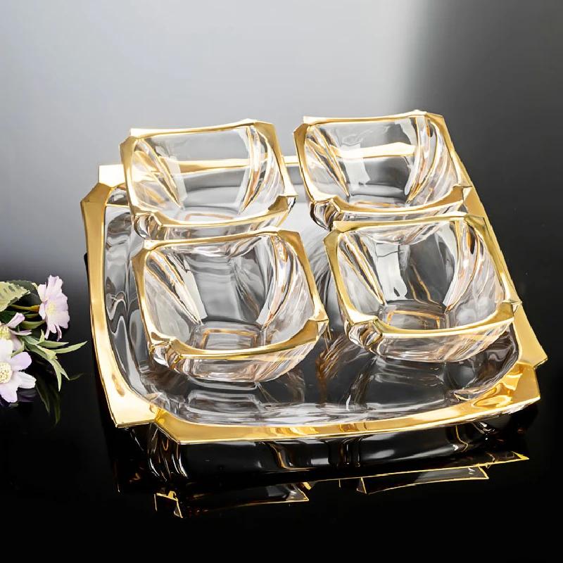 5PCS Glass Fruit Bowl Transparent Glass Bowl with Golden Side Square Bowl Living Room Coffee Table Candy Dried Fruit Snack Plate