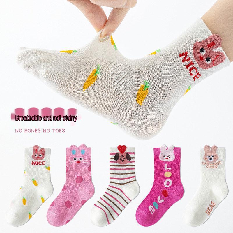 Spring Summer Girls' Breathable Cartoon Mid-Calf Cotton Mesh Socks