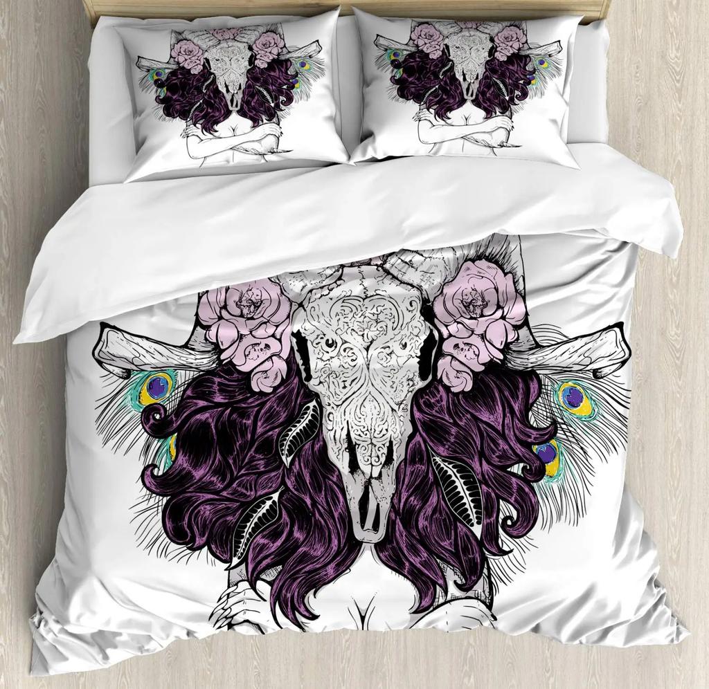 Horror House Duvet Cover Set Art Pentagram Goat Skull Devil Dream Hooded Exorcist Image Decorative Bedding SetKing Size Blue