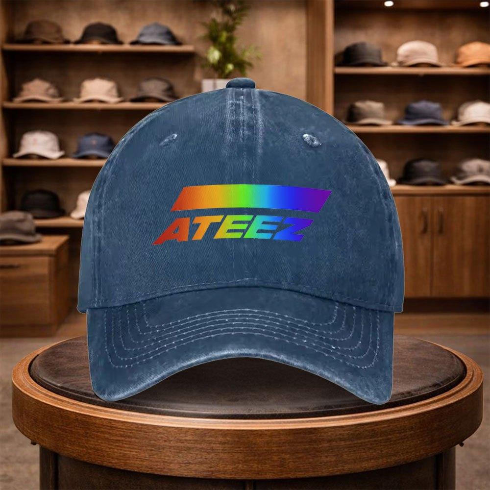 A MenS ATEEZ Rainbow Gradient Baseball Cap Adjustable And Stylish for Outdoor Use Featuring an Urban Design This Lightweight