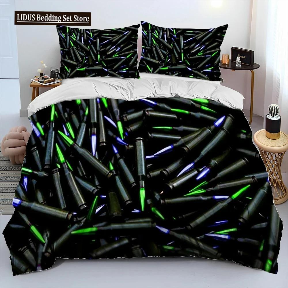 3D Gevär Revolver Patron Vapen Täckset Sängkläder, Påslakan Sängset Quiltöverdrag Örngott, King Queen Storlek Sängklädesset