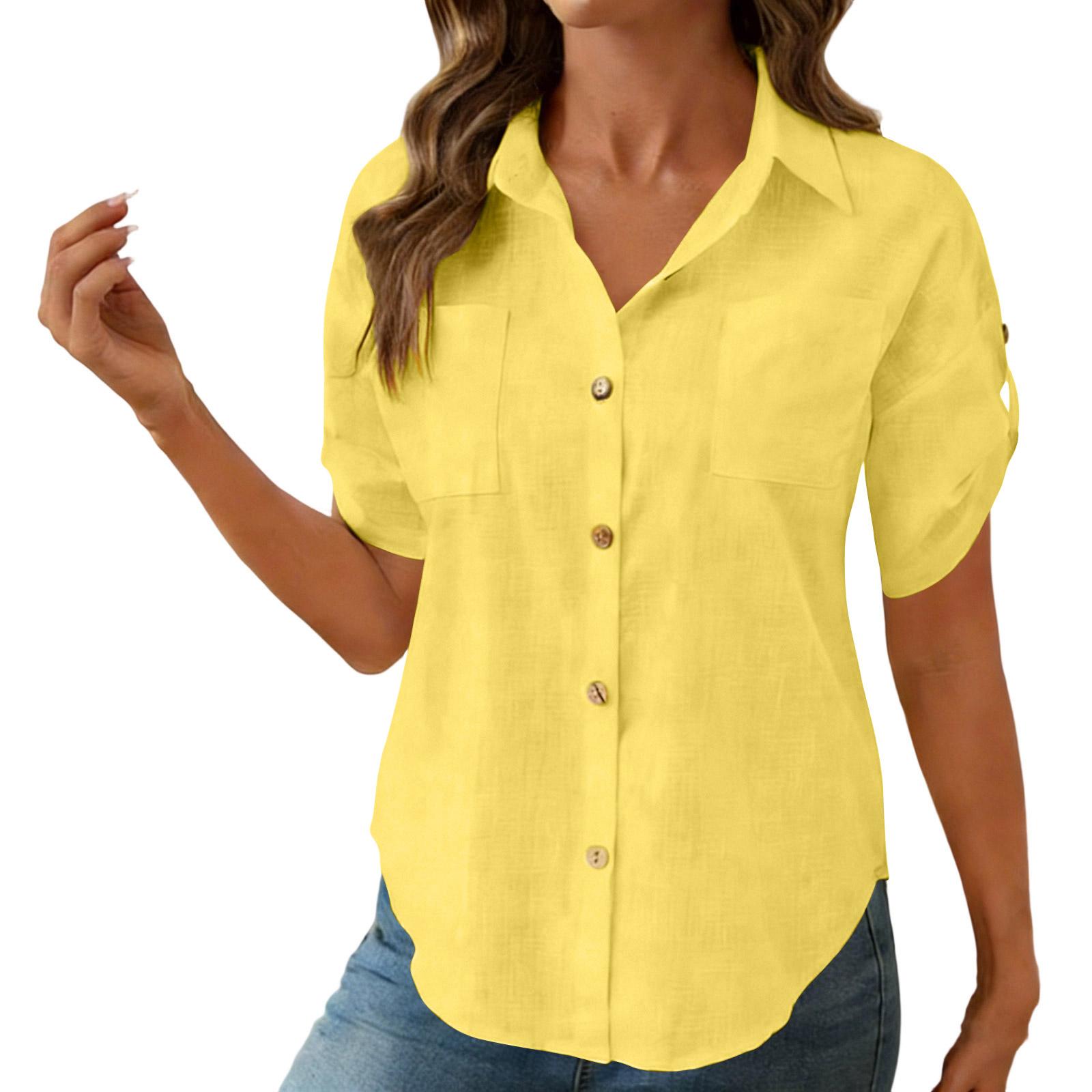 

Women s Fashion Casual -Colour Short-Sleeved Buttoned Pocket Cardigan T-Shirt Top M жовтий