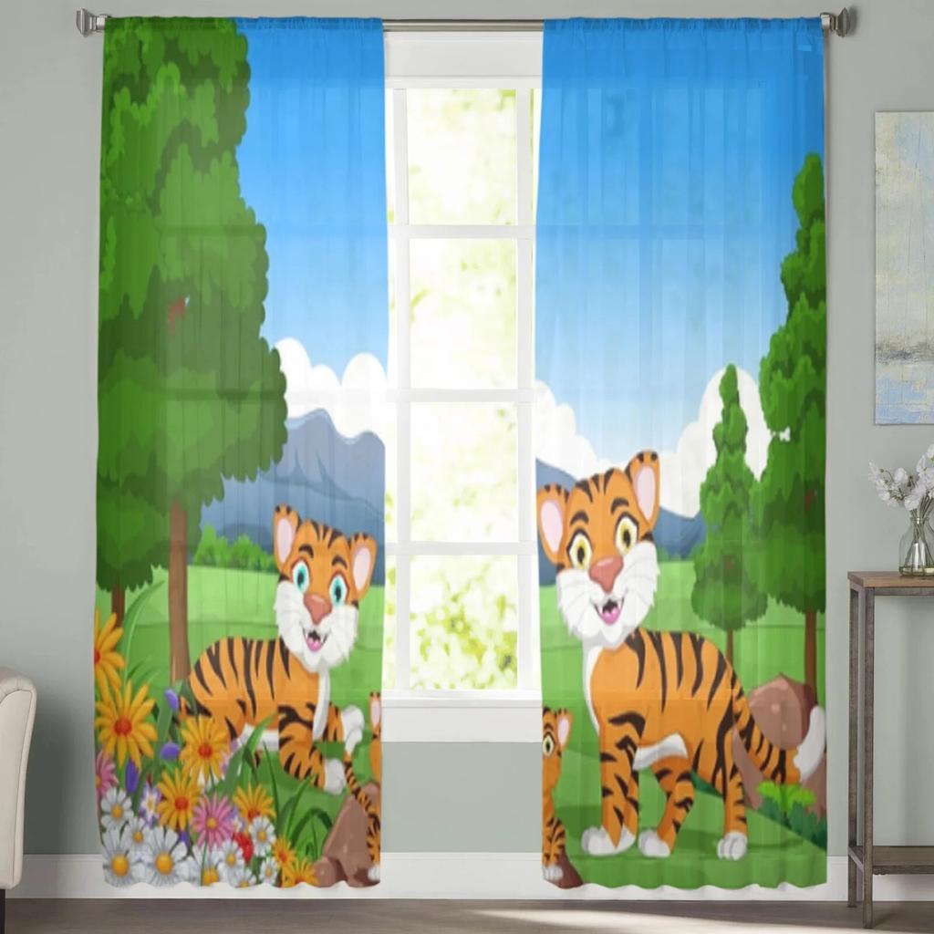 Tiger Cartoon In The Jungle Tyl Okenní závěsy do obývacího pokoje Příze Průsvitný voál závěs do ložnice Kuchyně Závěs