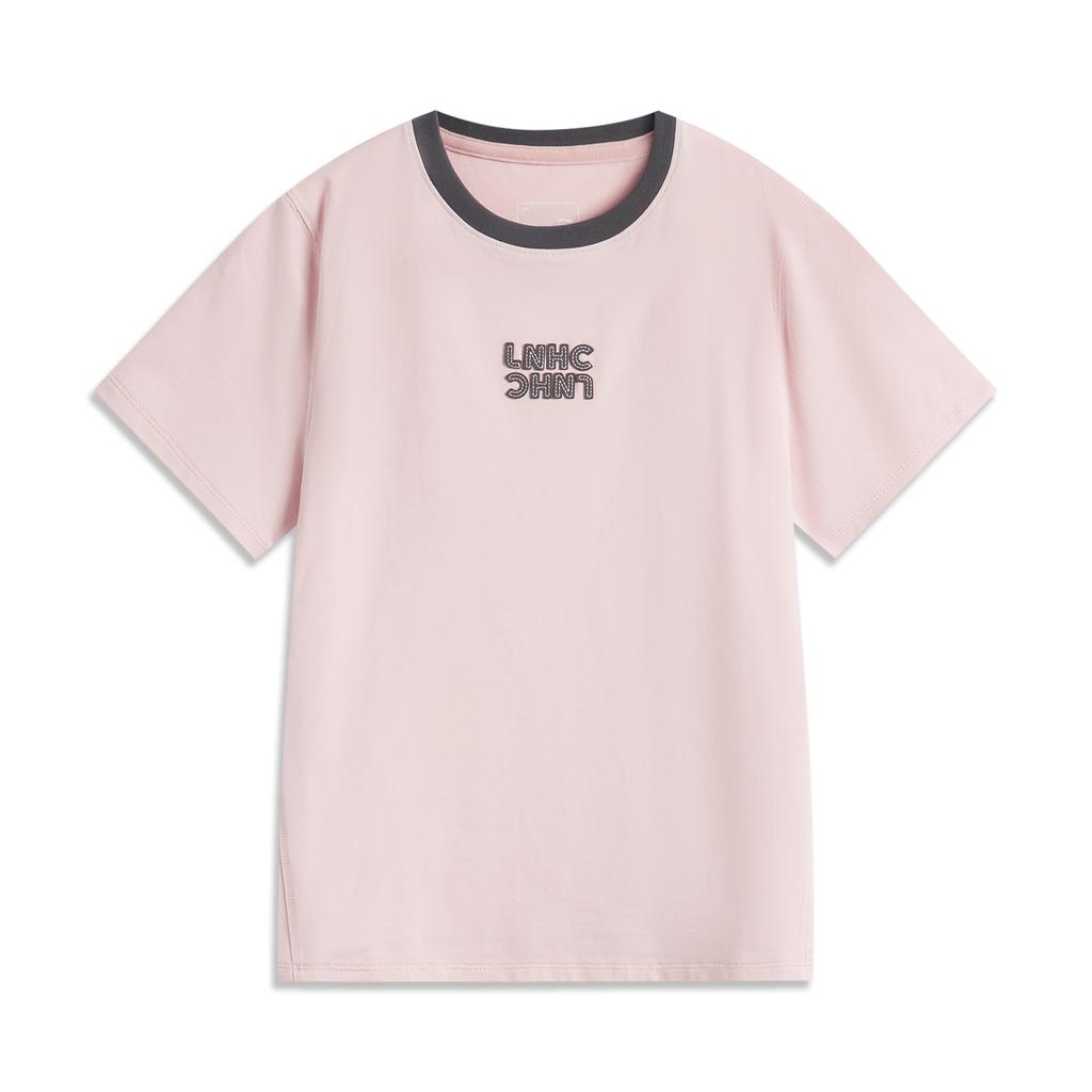 Li-Ning Color Block Letter Round Neck Comfortable Breathable Versatile Short Sleeve T-Shirt Women Tops Light-Pink AHSV294-3